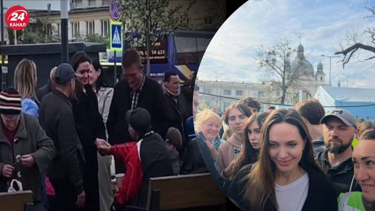 Джоли заметили на вокзале во Львове: пообедала с переселенцами – видео